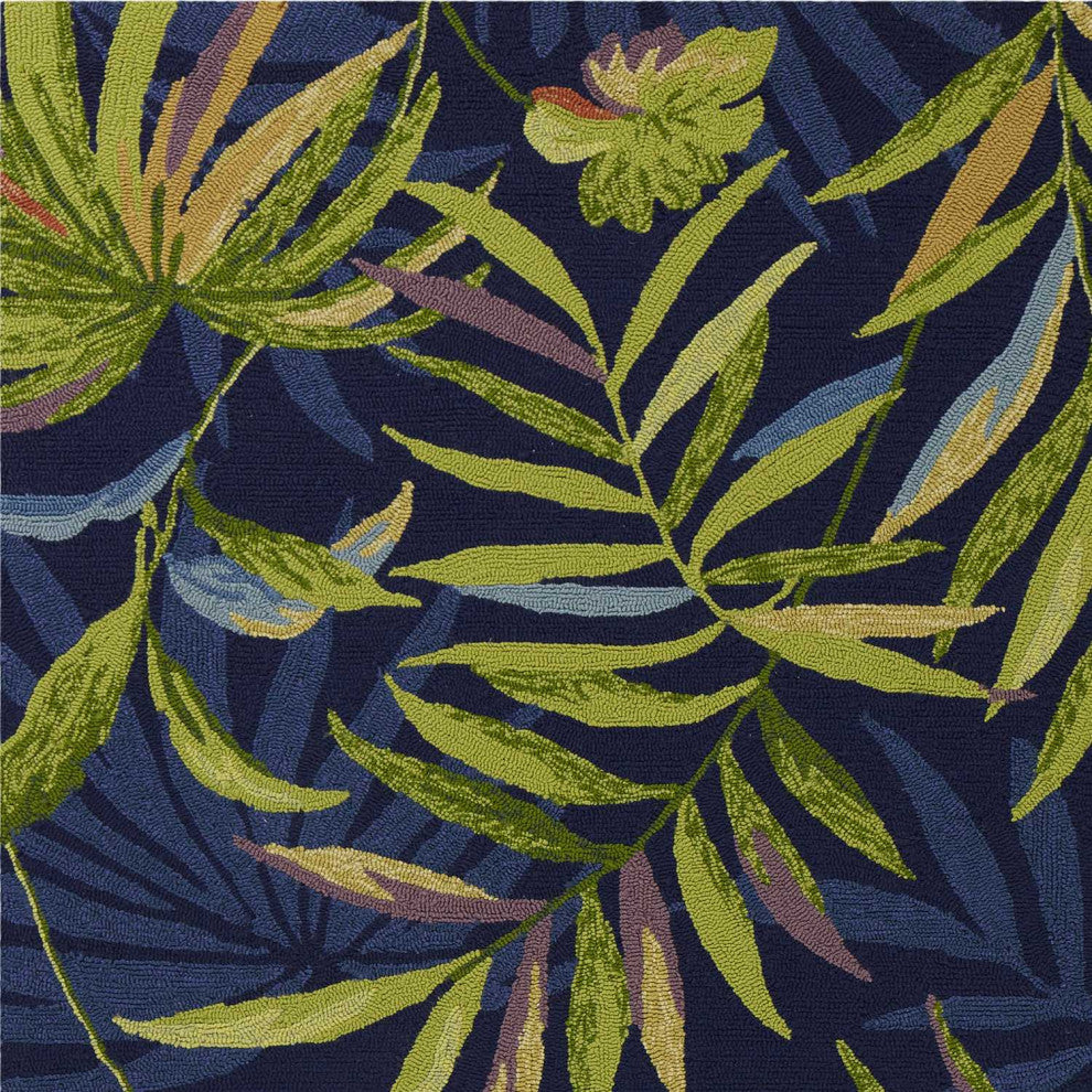 HomeRoots 5' x 7' Ink Blue Tropical Leaves UV Treated Indoor Outdoor Area Rug