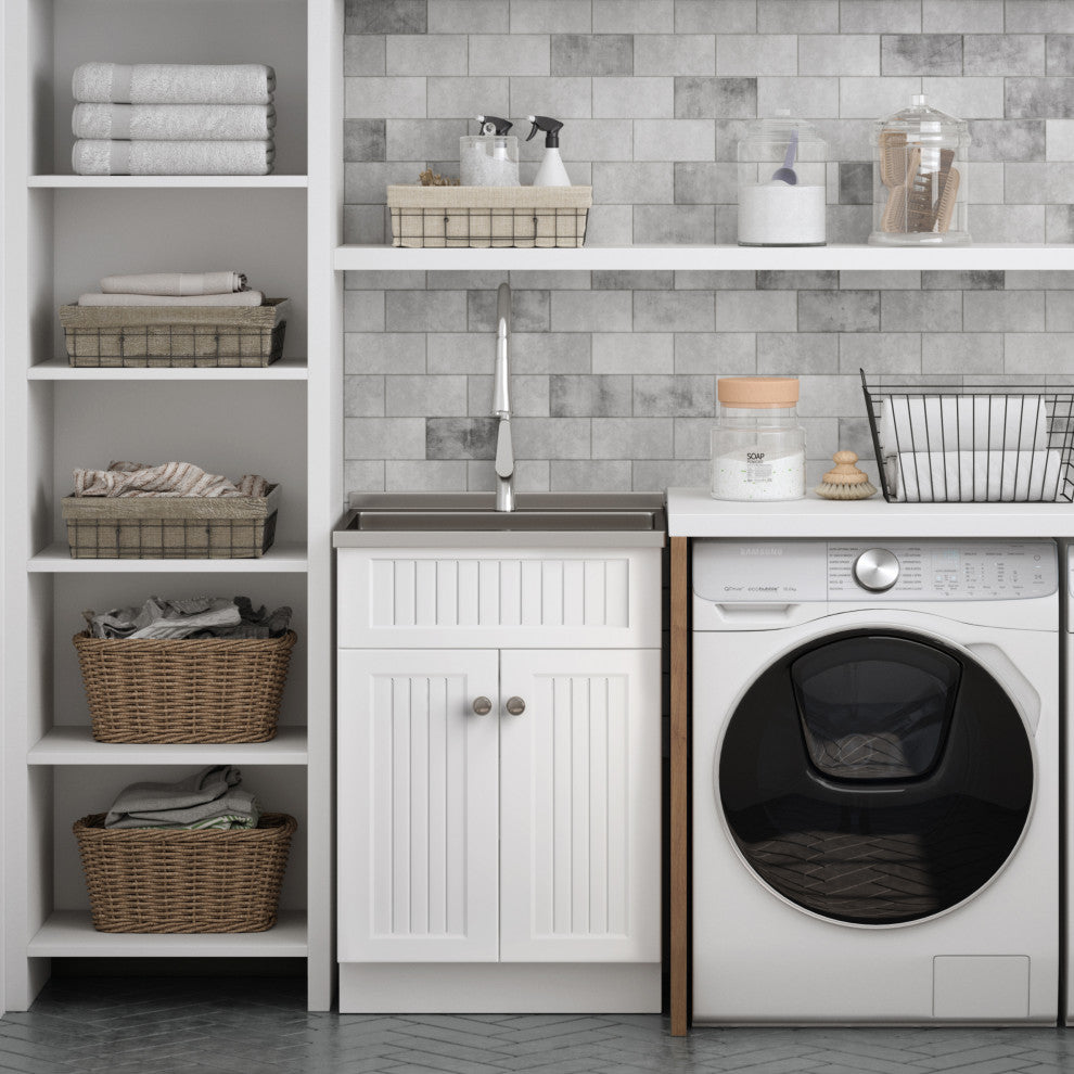 Beckham Laundry Cabinet With Faucet and Stainless Steel Sink, White, 24"