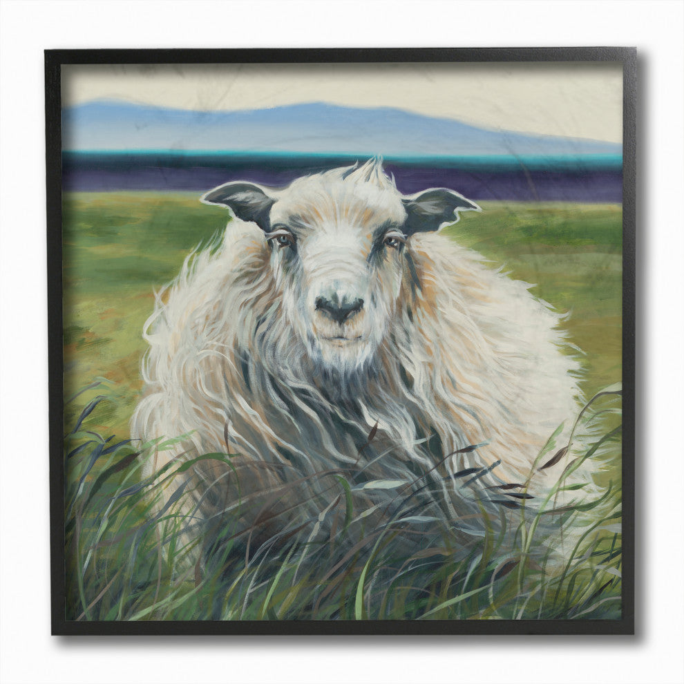 Sheep In Pasture Wind Farm Animal Painting, 12"x12", Black Frame