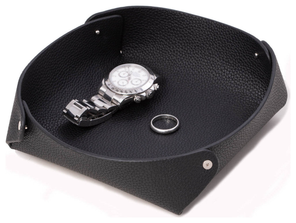 Black Leather Catchall Valet Tray, Lay Flat Design