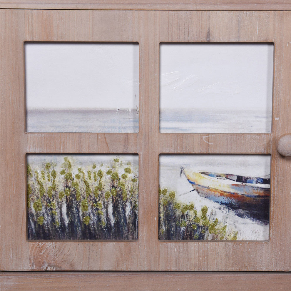 Painted Two Door Fir Wood Cabinet Natural Finish Boat Scene