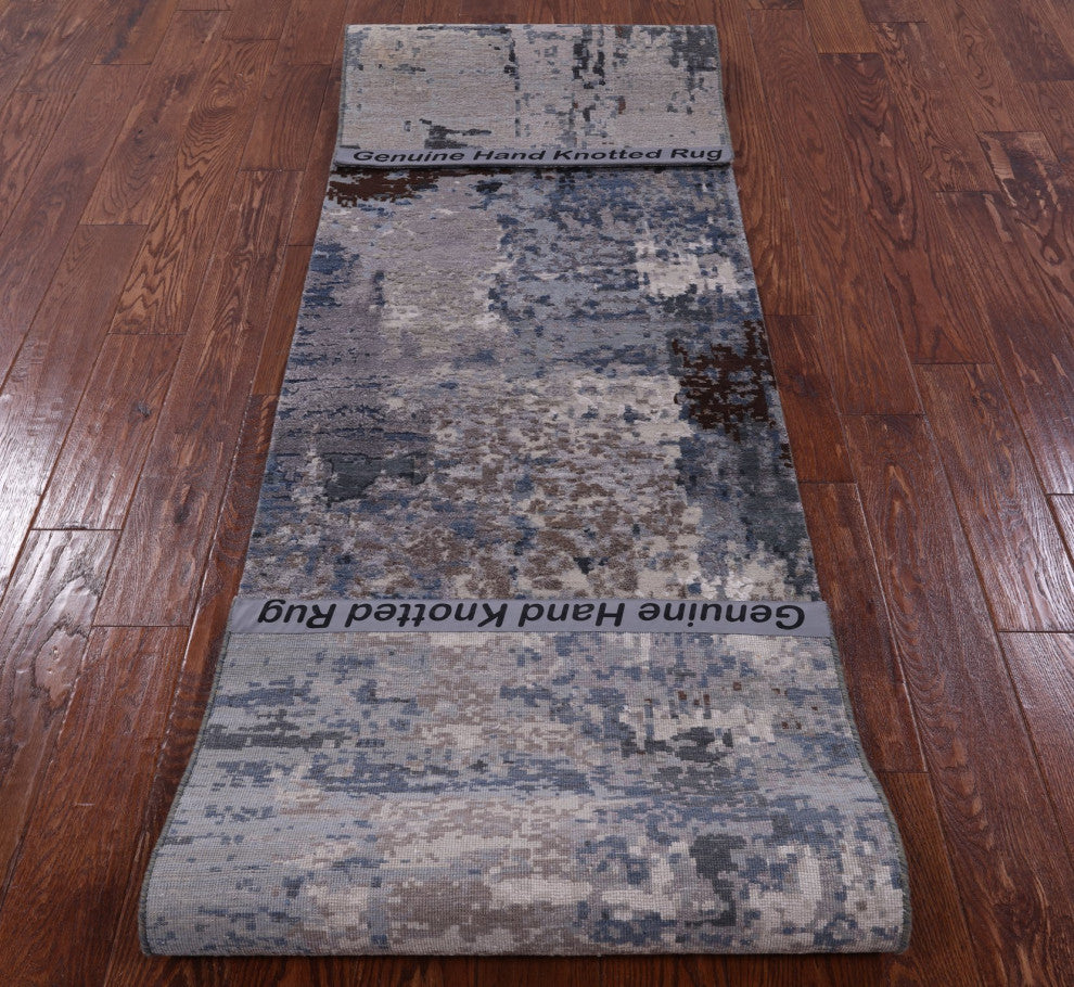 2' 6" X 10' 0" Runner Abstract Hand Knotted Wool and Silk Rug Q9035