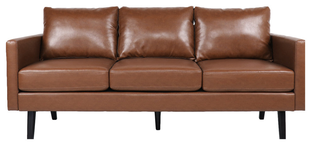 Dowd Mid Century Modern Faux Leather 3 Seater Sofa, Cognac Brown/Dark Brown