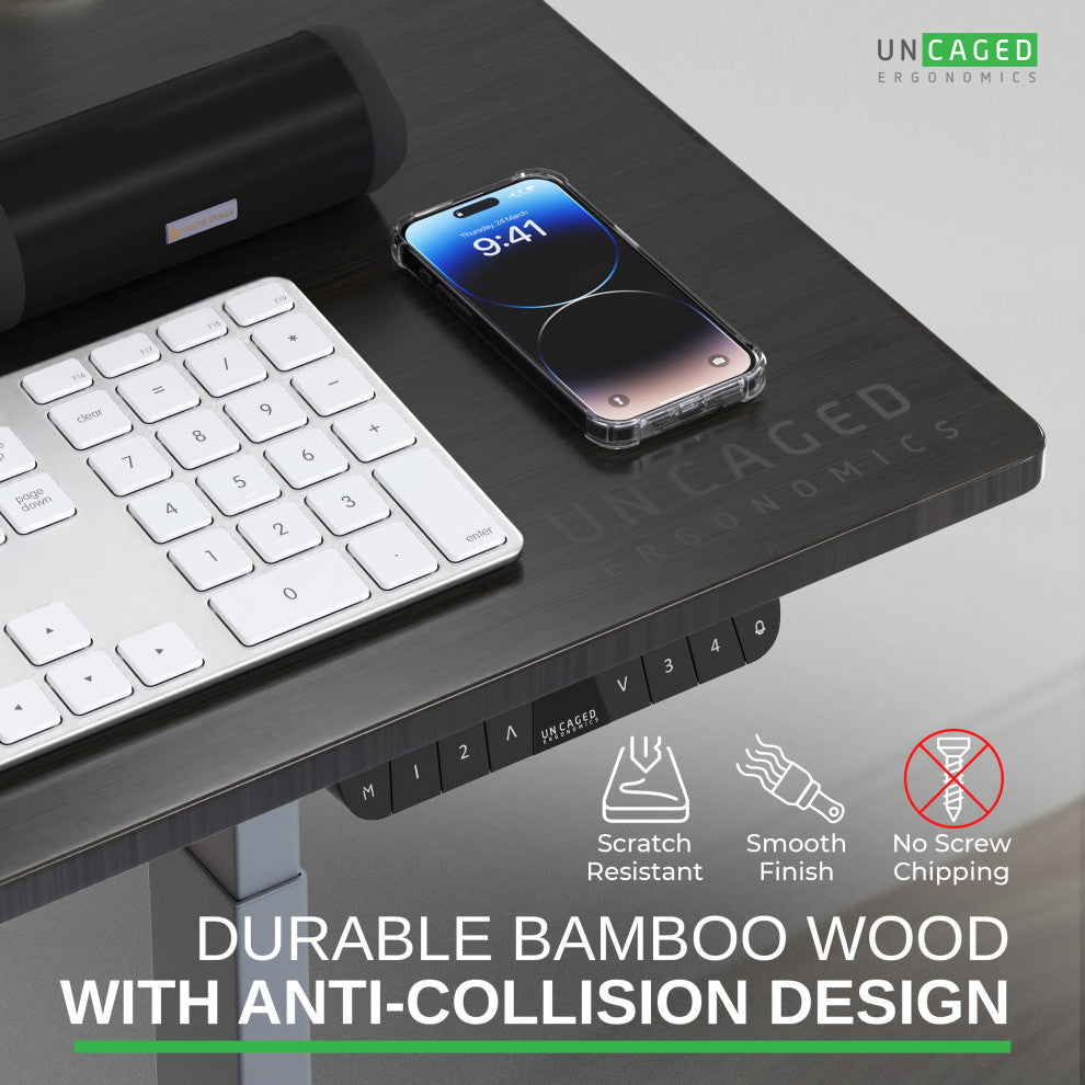 Rise Up Bamboo Electric Adjustable Height Office Desk, Gray + Black Bamboo