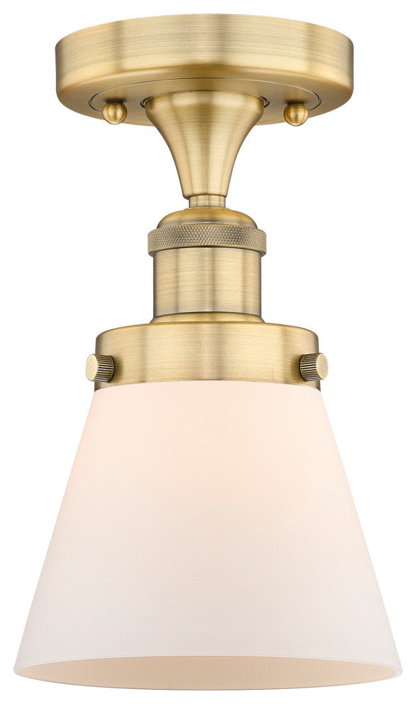 Cone-1 Light 6" Semi-Flush Mount-Brushed Brass, Matte White Glass Shade