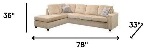 78"x33"x36" Beige Velvet Reversible Sectional Sofa With Pillows