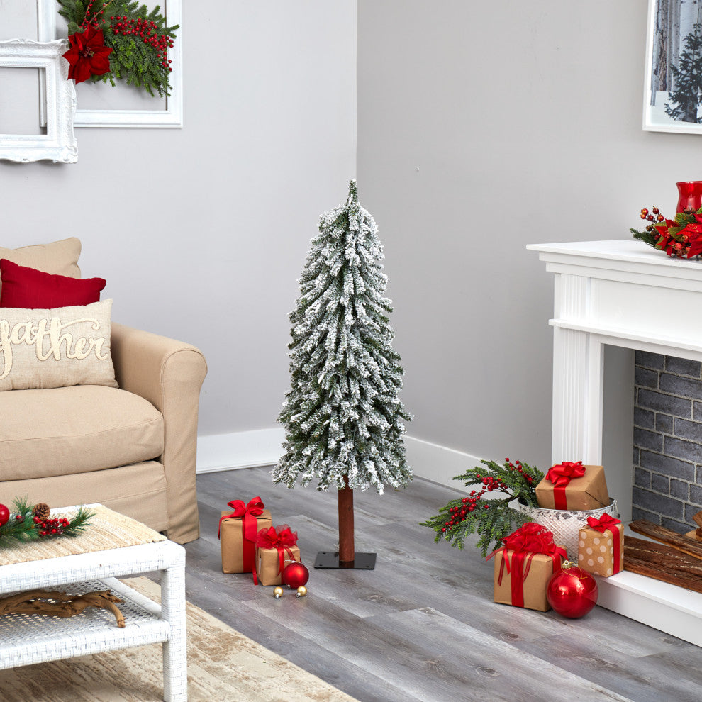 4' Flocked Grand Alpine Faux Xmas Tree W/Lights & Natural Trunk