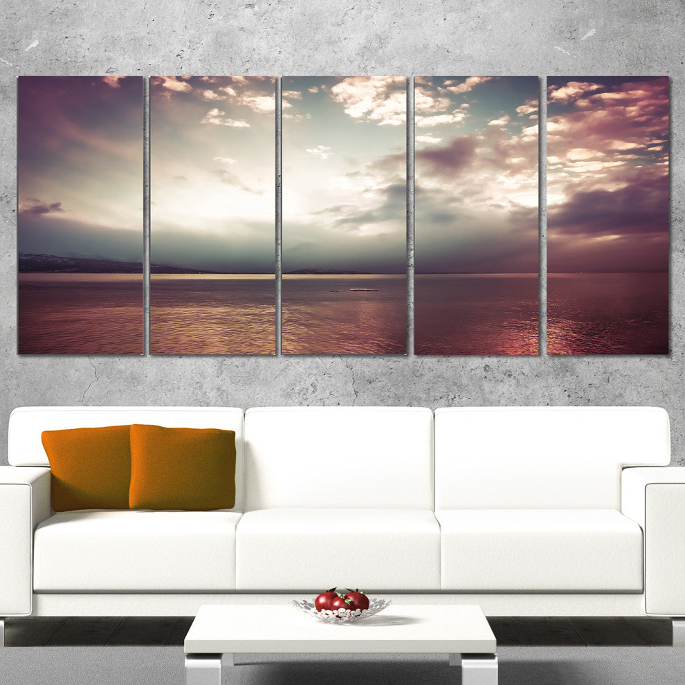 Dark Sunset with Dramatic Sky, Large Seashore Canvas Print, 60"x28", 5 Panels