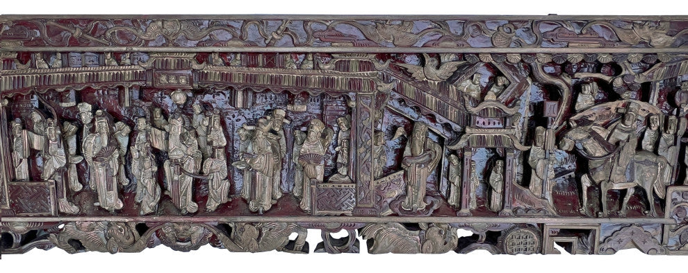 Chinese Vintage Dimensional Opera People Horses Carving Wood Wall Art Hws3064