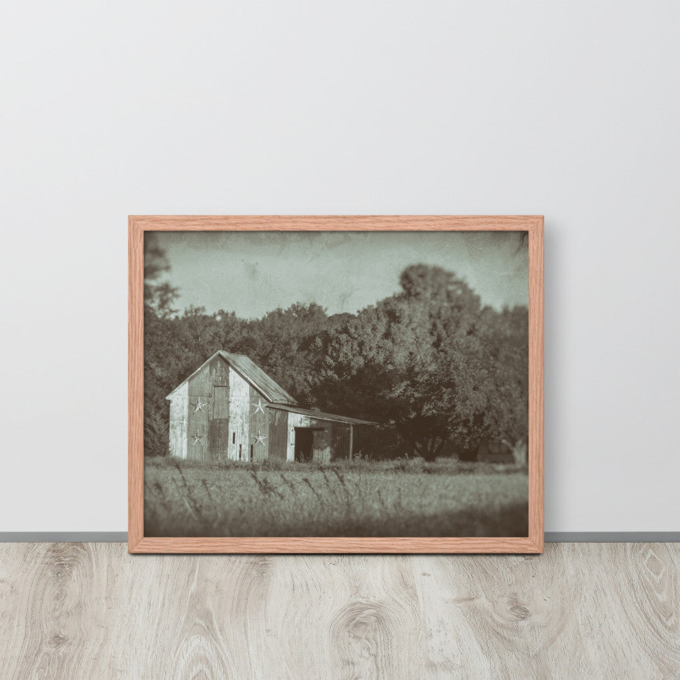 Patriotic Barn in Field Vintage Black and White Framed Photo Wall Art Print, Red Oak, 16" X 20"
