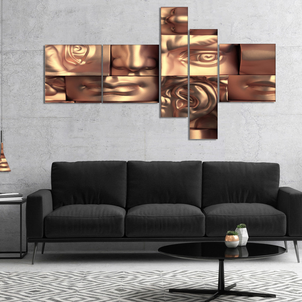 Abstract Golden Blocks, Abstract Canvas Art Print, 60"x32", 5 panels