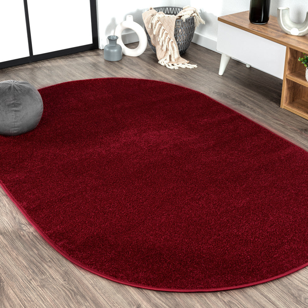 Haze Solid Low-Pile Runner Rug, Dark Red, 3 X 5 Oval
