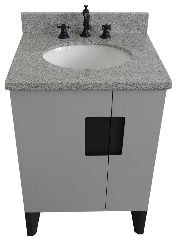 25" Single Sink Vanity, Light Gray Finish With Gray Granite And Oval Sink