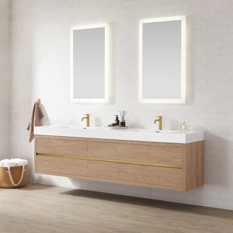 Palencia Floating Bath Vanity With Composite Stone Top, North American Oak, 84", No Mirror