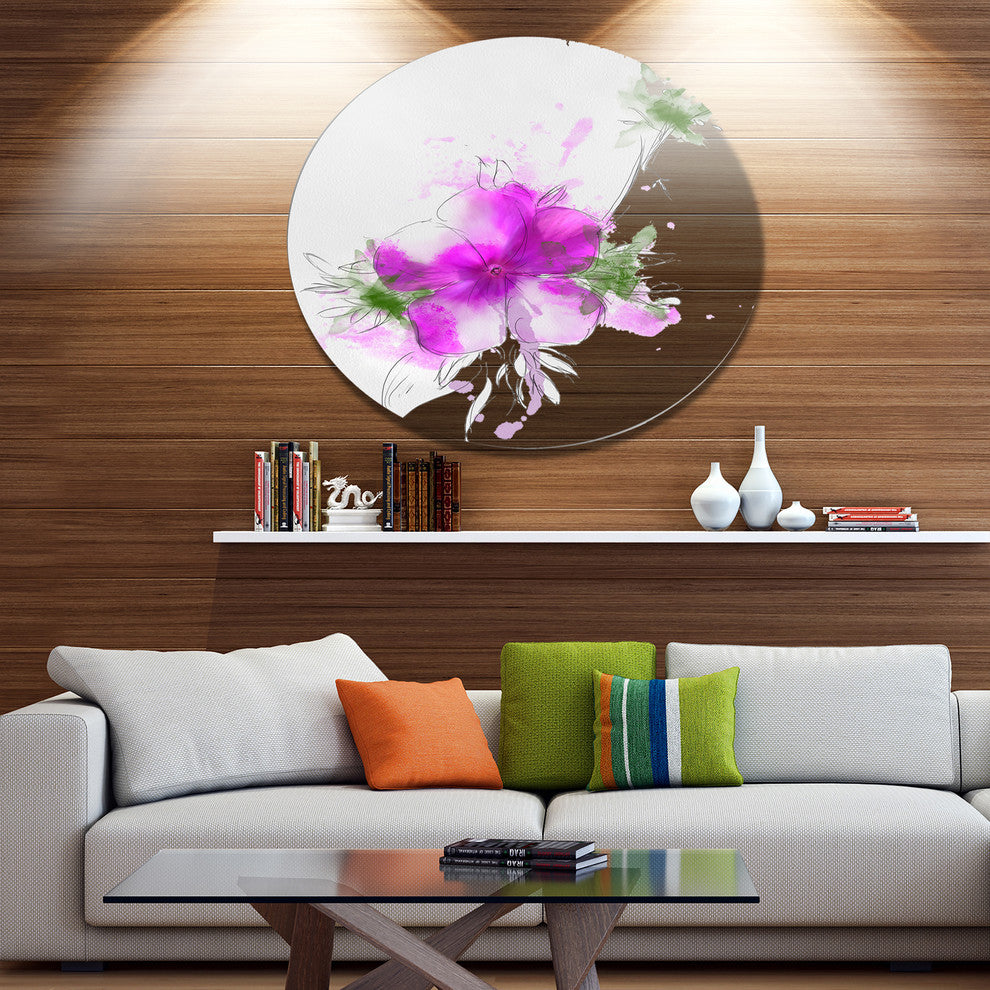 Purple Flower Sketch With Stem, Floral Round Wall Art, 11"