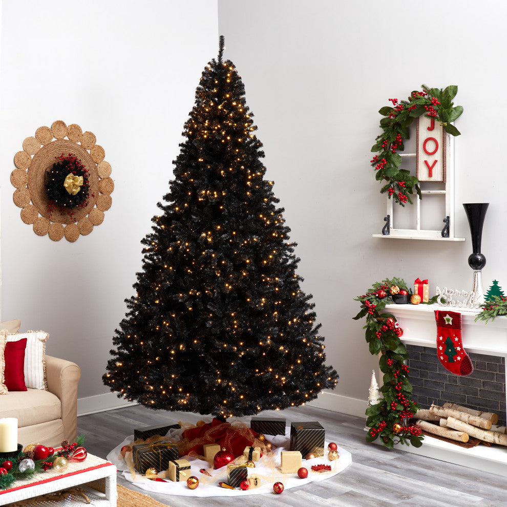 10' Black Artificial Christmas Tree With 950 Clear LED Lights and 3056 Tips