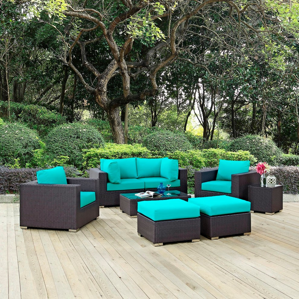 Modern Contemporary Outdoor Patio 8-Piece Sectional Sofa Set, Blue, Rattan