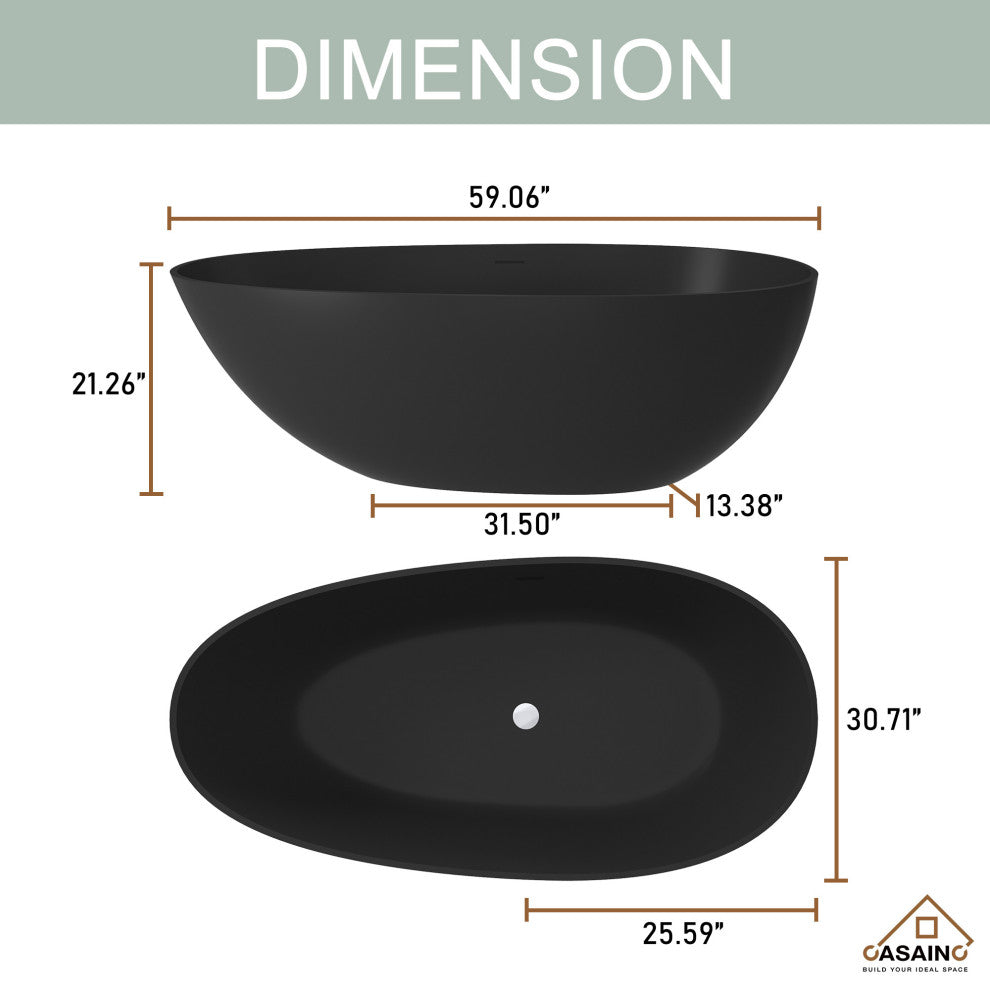 59in Solid Surface Freestanding Bathtub in Matte Black, Matte Black