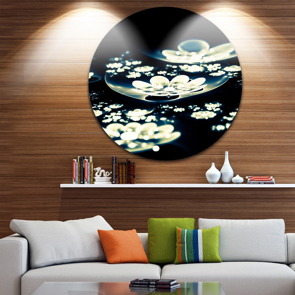 Blue White Fractal Flowers In Dark, Floral Circle Metal Wall Art, 11"