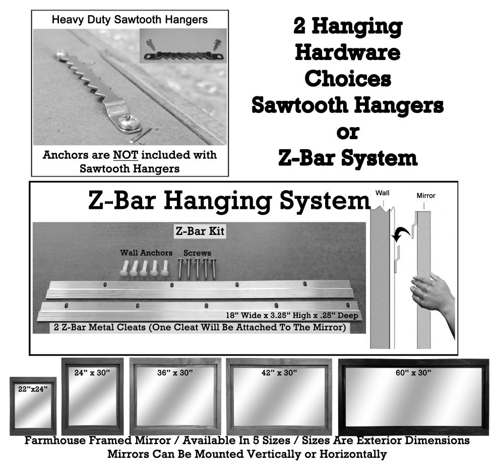 Farmhouse Framed Wall Mirror Slate Gray, 42"x30" Zbar Hanging System, Heavy Dist