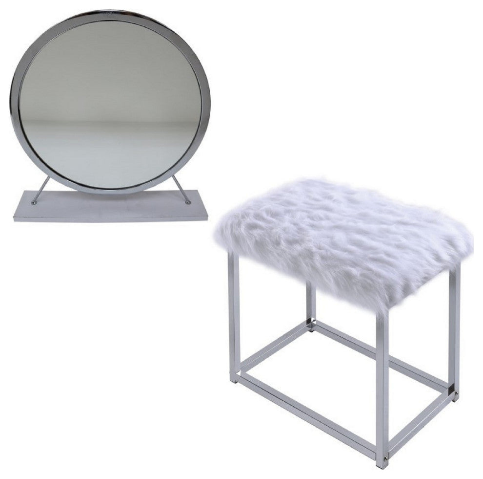 Benzara BM278981 Rose Round Vanity Mirror With Stool, Faux Fur Seat, Gray, White