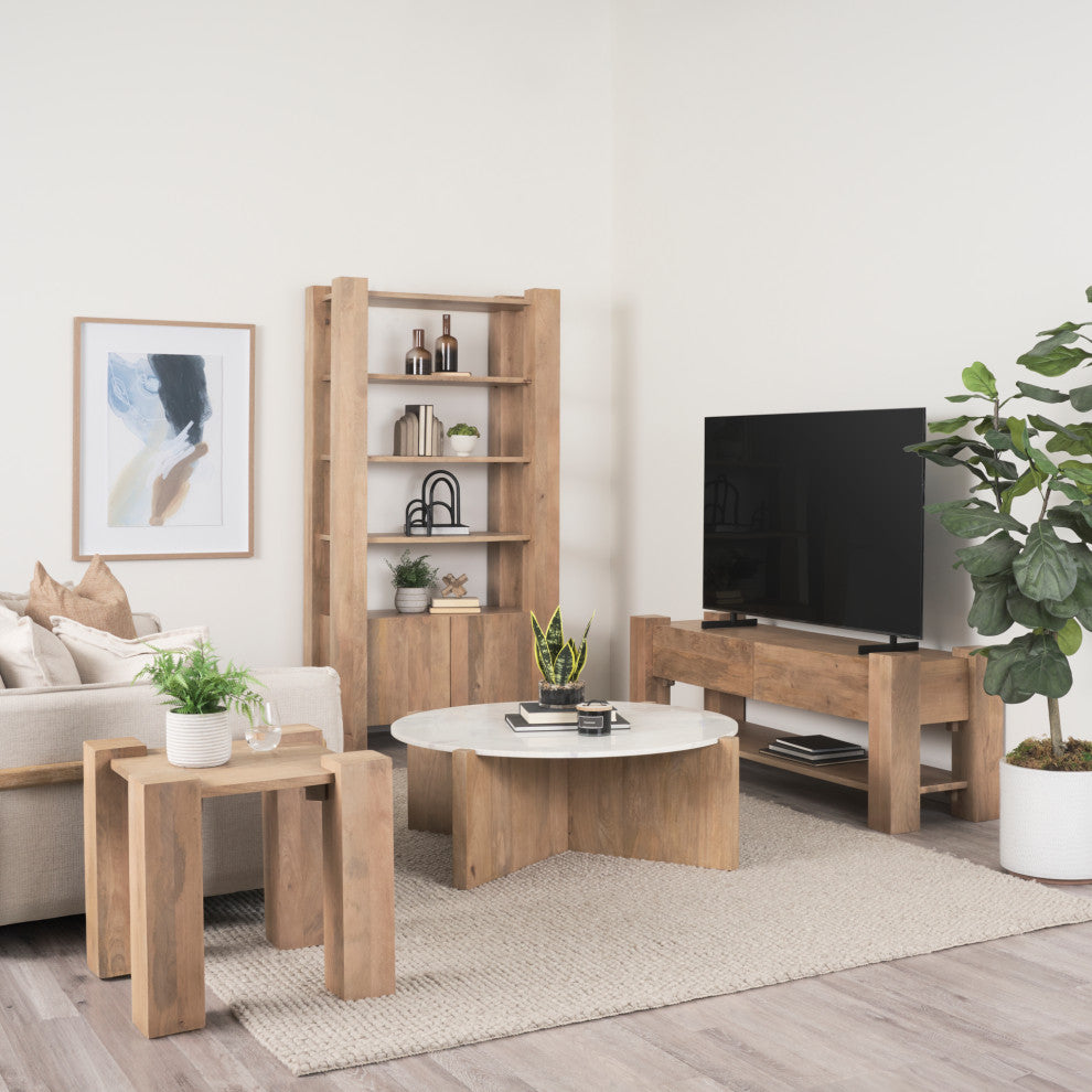 Bianca Light Brown Wood With Round Marble Top Coffee Table