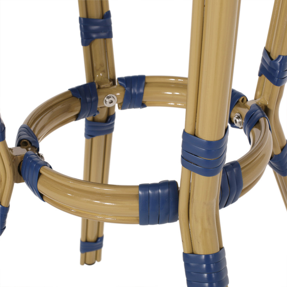 Deshler Outdoor Aluminum French Bistro Table, Navy Blue + White + Bamboo Finish