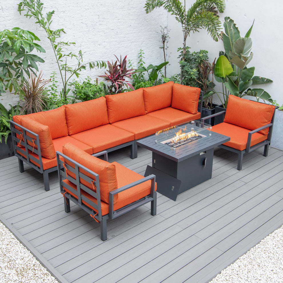 LeisureMod HSFBL-7OR Hamilton 7-Pcs Conversation Set Fire Pit Table&Cushions