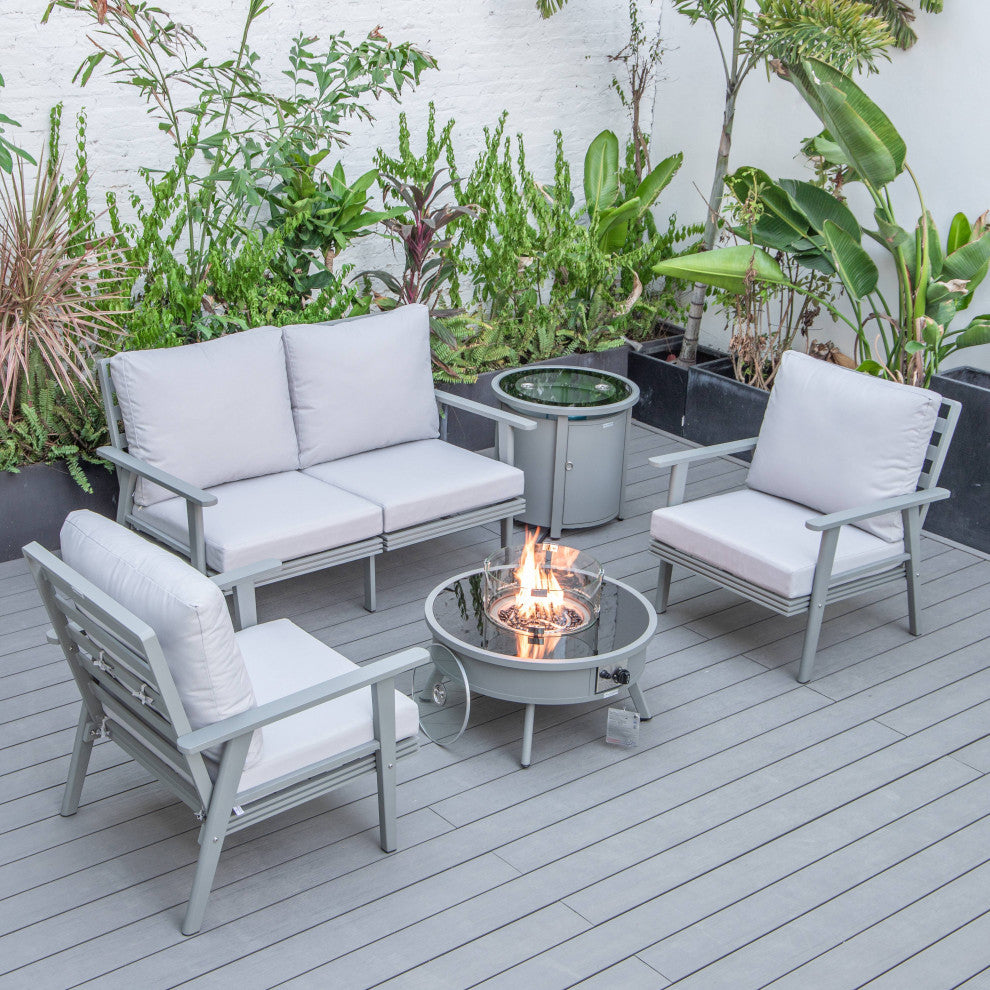 LeisureMod Walbrooke Grey Patio Sofa Set With Round Fire Pit Table, Light Grey