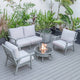 LeisureMod Walbrooke Grey Patio Sofa Set With Round Fire Pit Table, Light Grey