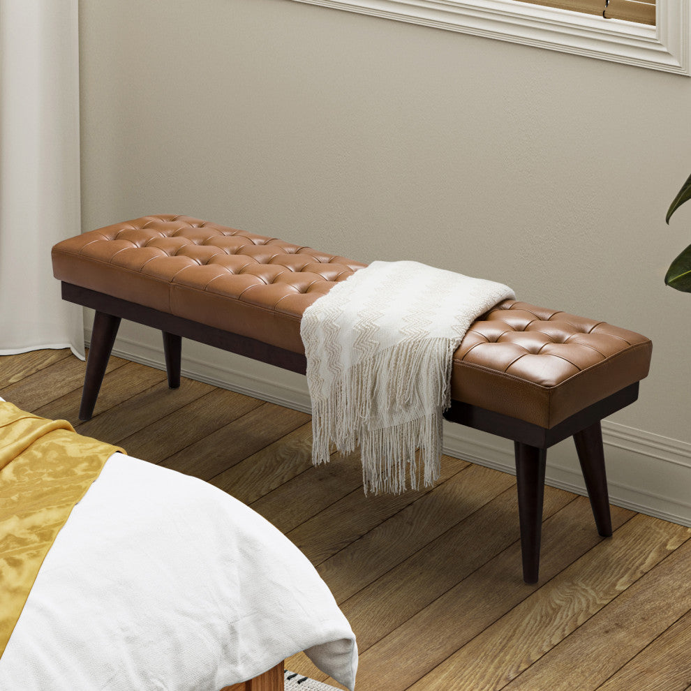 55.5"W Genuine Leather Bedroom Bench, Camel