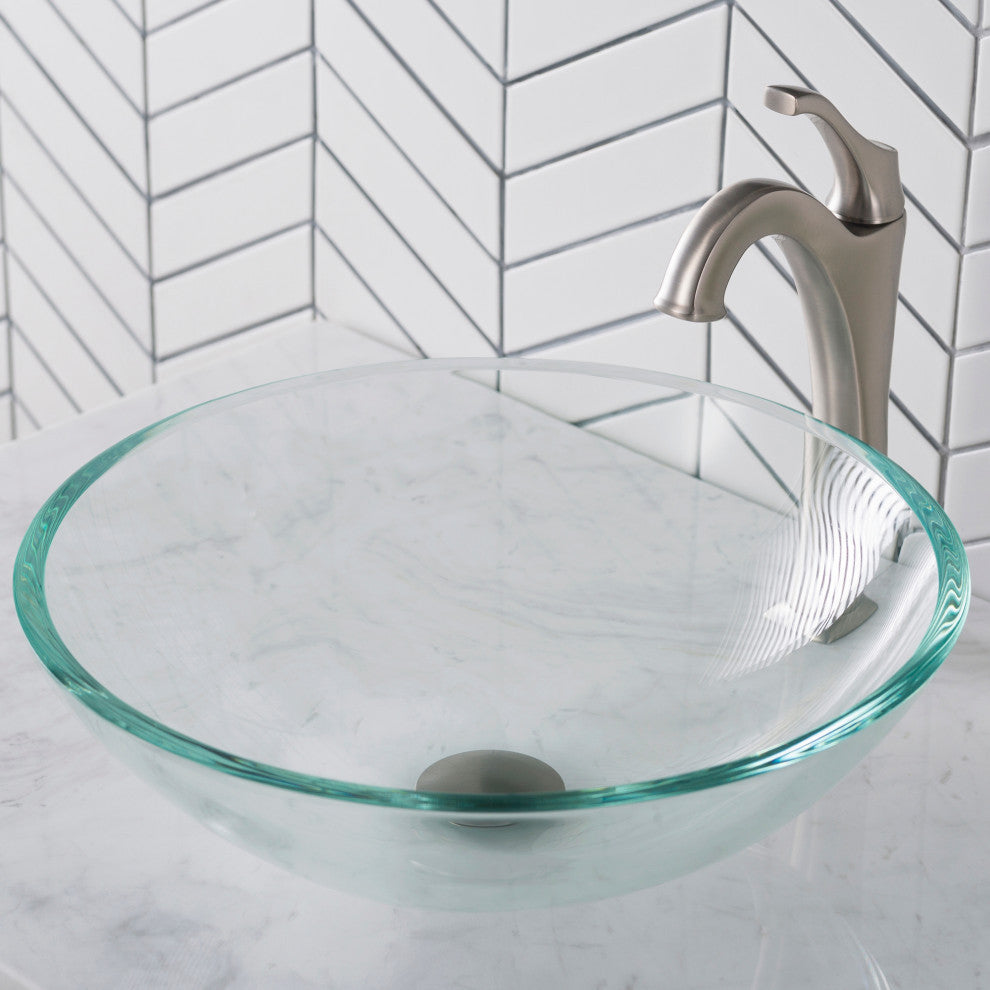 Glass Vessel Sink, Arlo Bathroom Faucet, Drain, Ring, Spot Free Stainless Steel