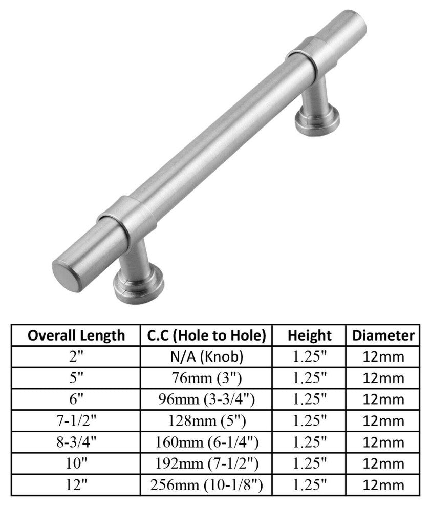 Brushed Nickel T Bar Handle Pull 3-3/4" (96mm) Hole Centers, 6" Overall Length