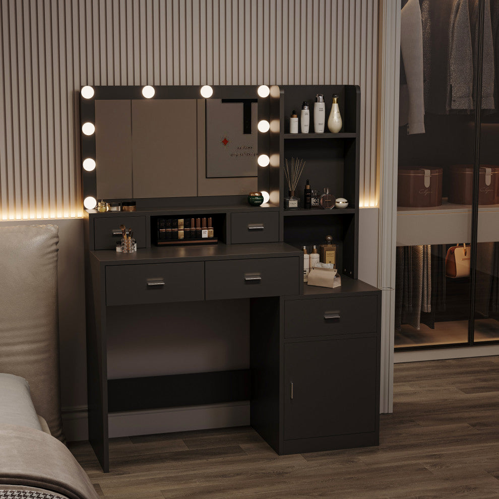 TATEUS Modern Makeup Vanity with 10 Light Modes and Ample Storage, Black White