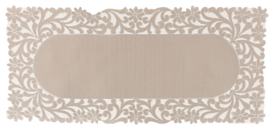 Florence Floral Cutwork Trimed Edge Table Runner, Taupe, 16"x 36"
