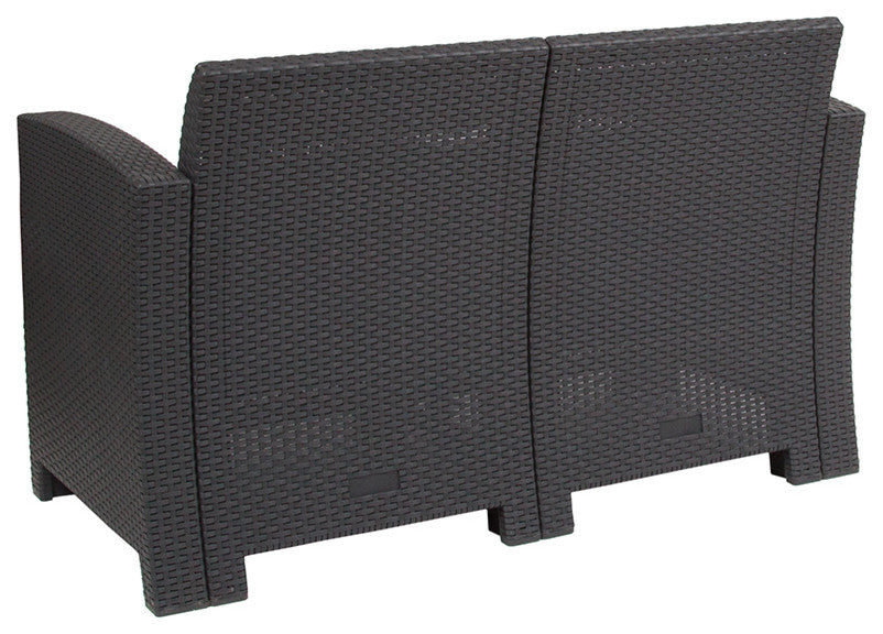 Dark Gray Faux Rattan Loveseat With All-Weather Light Gray Cushions