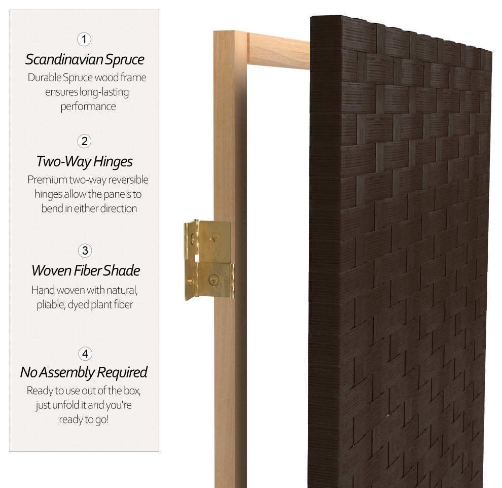 6' Tall Woven Fiber Room Divider, 3 Panel, Dark Mocha