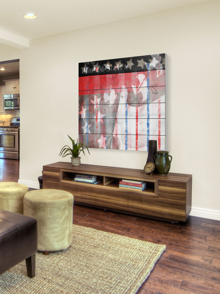 "Patriotic Birds" Print on White Wood, 32"x32"