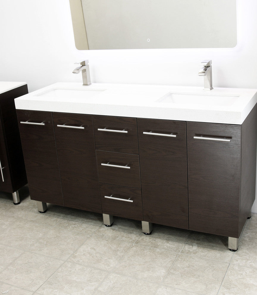 Windbay 60" Free Standing Double Vanity, Brown, White Quartz Under Mount Counter