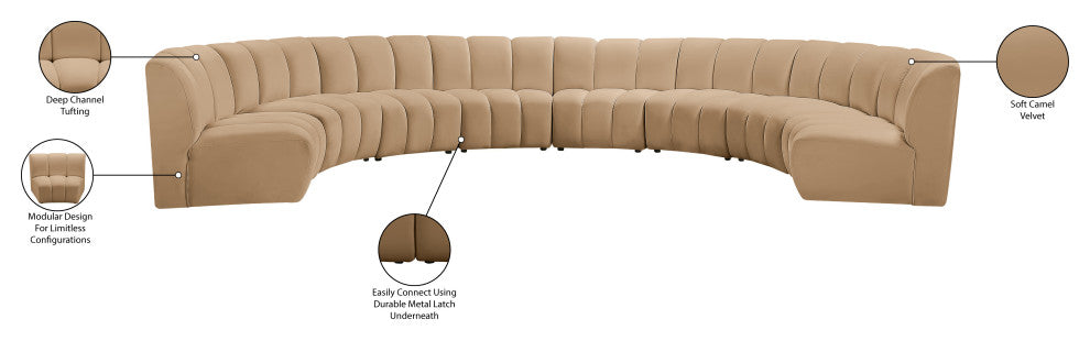 Infinity Channel Tufted Velvet Modular Chair, Camel, 8 Piece
