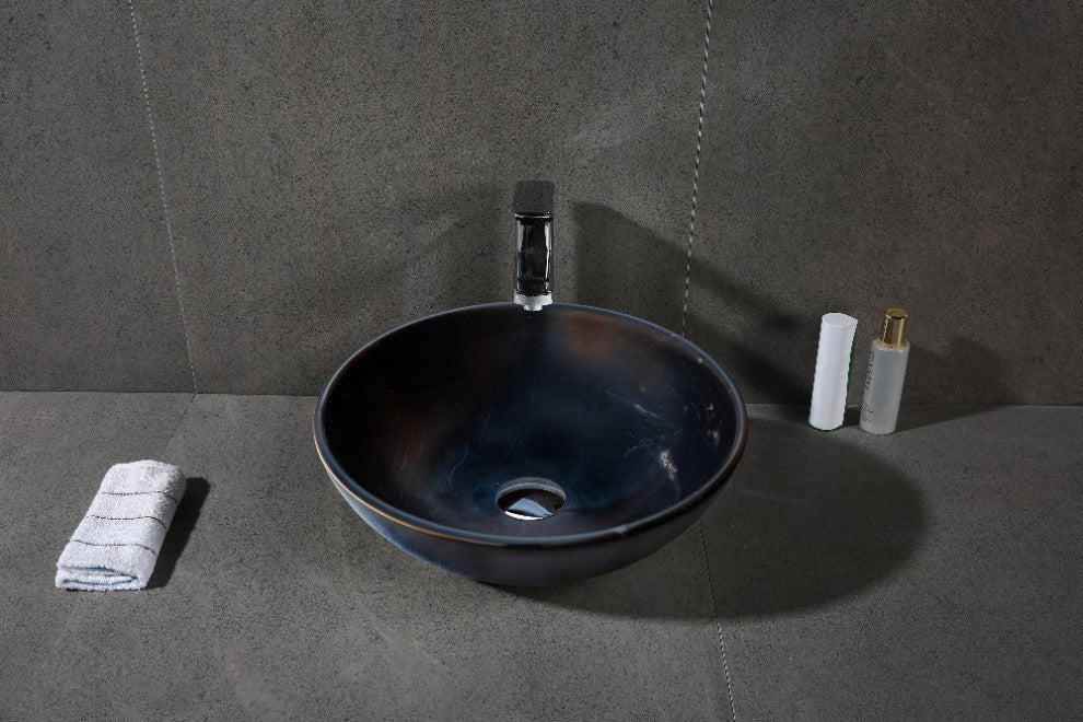 Toros Black Natural Stone Marble Vessel Sink Polished (D)16" (H)6"