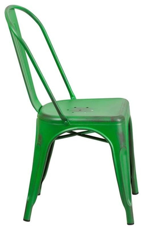Distressed Green Metal Indoor-Outdoor Stackable Chair