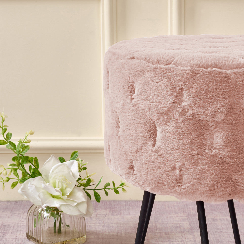 Jacquard Solid Faux Fur Round Ottoman, 18" x 18" x 18", Rose Smoke