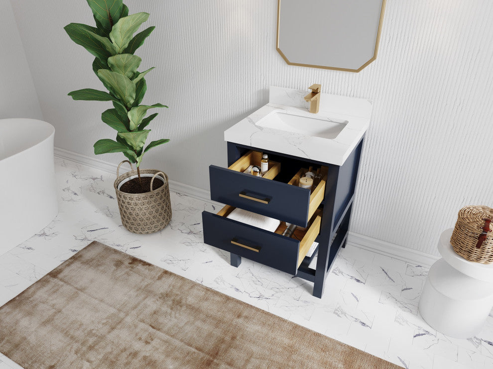Parker 24" Single Sink Bath Vanity, Navy Blue 2" White Quartz