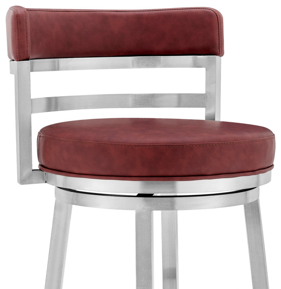 Benzara BM236762 30" Leatherette Counter Height Barstool, Silver and Red