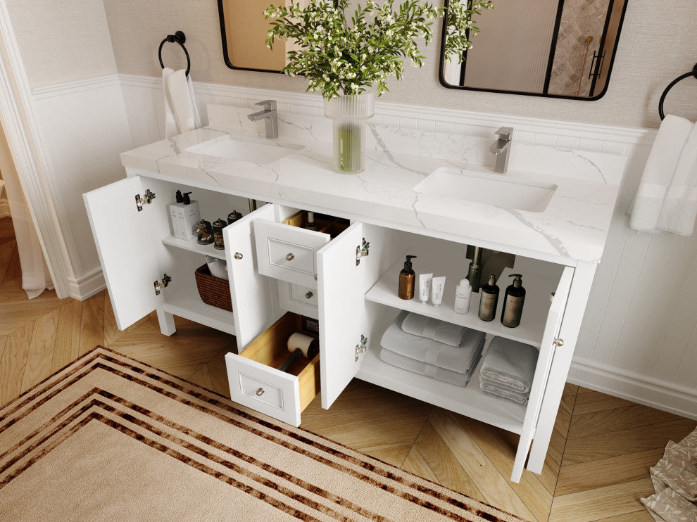 Nashville 72" Double Sink Bath Vanity, White 2" Venatino Quartz