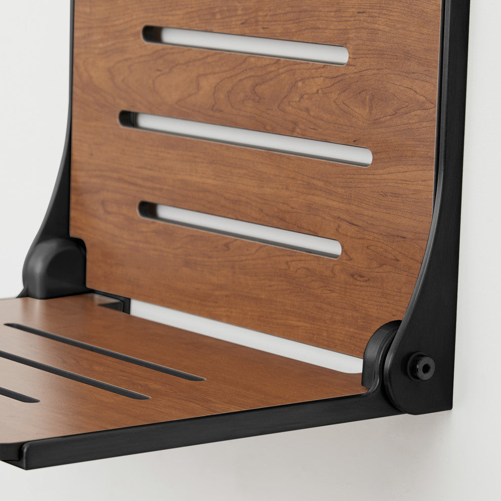 Silhouette Folding Wall Mount Shower Bench Seat, Rustic Teak, Matte Black Frame