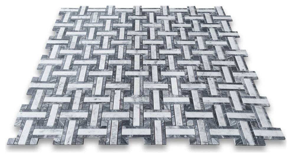 Carrara White Marble Twine Basketweave Mosaic Tile Bardiglio Gray, 1 sheet