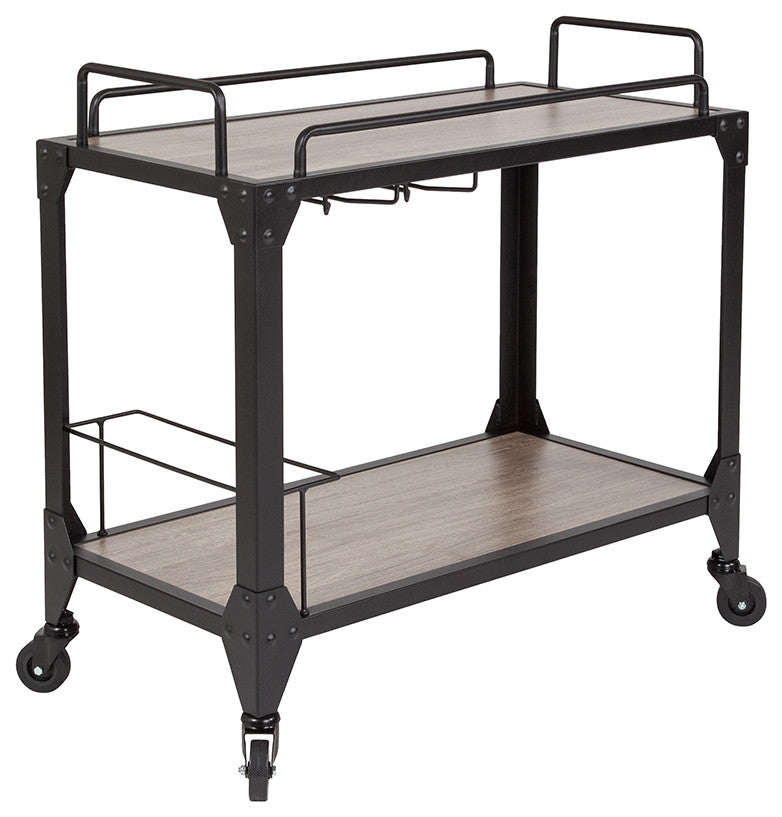 Light Oak Wood and Iron Kitchen Serving and Bar Cart With Wine Glass Holders