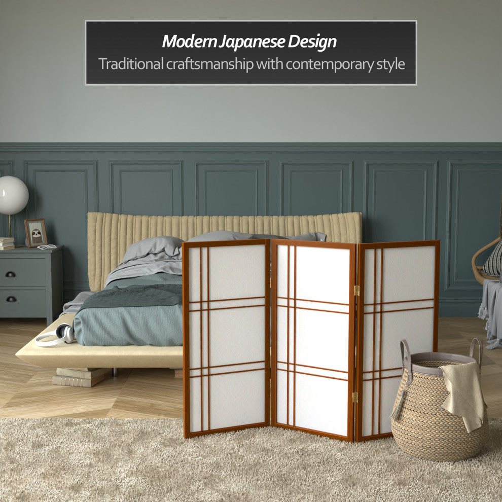 3' Tall Double Cross Shoji Screen, Walnut, 3 Panels